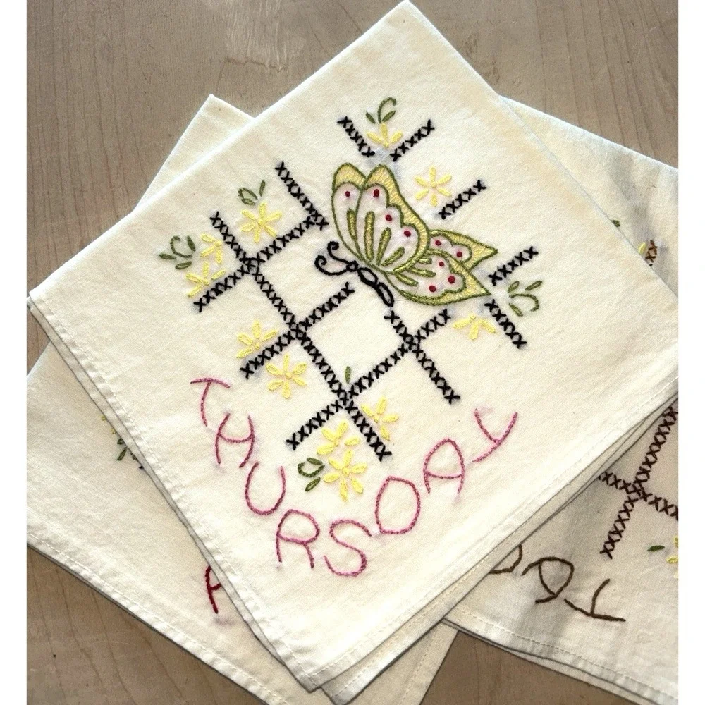 Vtg Days of the Week Kitchen Towels Sunday-Saturday Butterfly Hand Embroidered